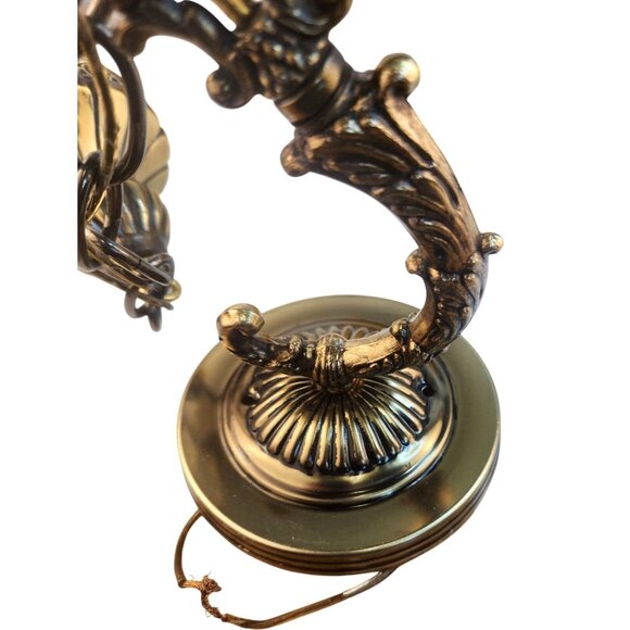 Brass & Amber Crackle Glass Vintage Wall Sconce Lighting Pair With Ornate Detail - Picture 12 of 16